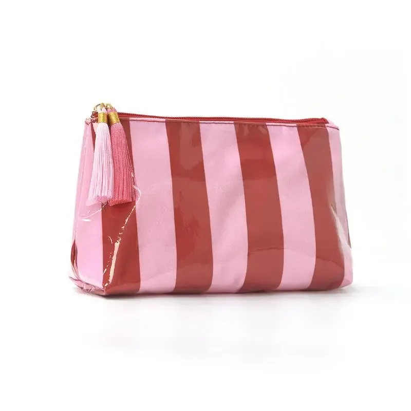 pochette cosmétique rayée en pvc avec franges et fermeture éclair, trousse de toilette imperméable pour voyage, étui pour pinceaux de maquillage