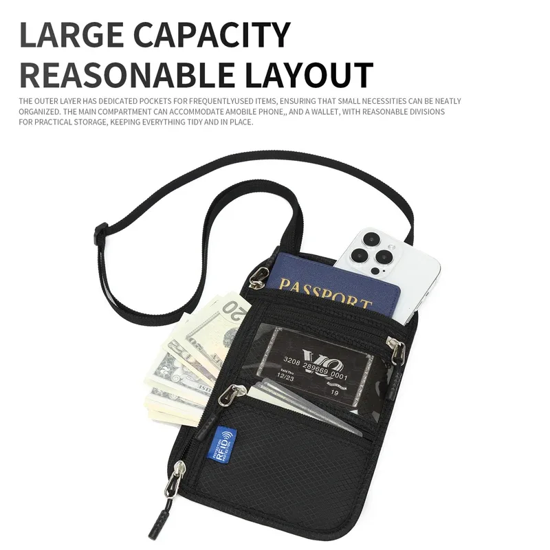 Portefeuille de cou anti-RFID, porte-passeport de voyage, sac à documents léger et imperméable, pochette cachée antivol pour femmes et hommes