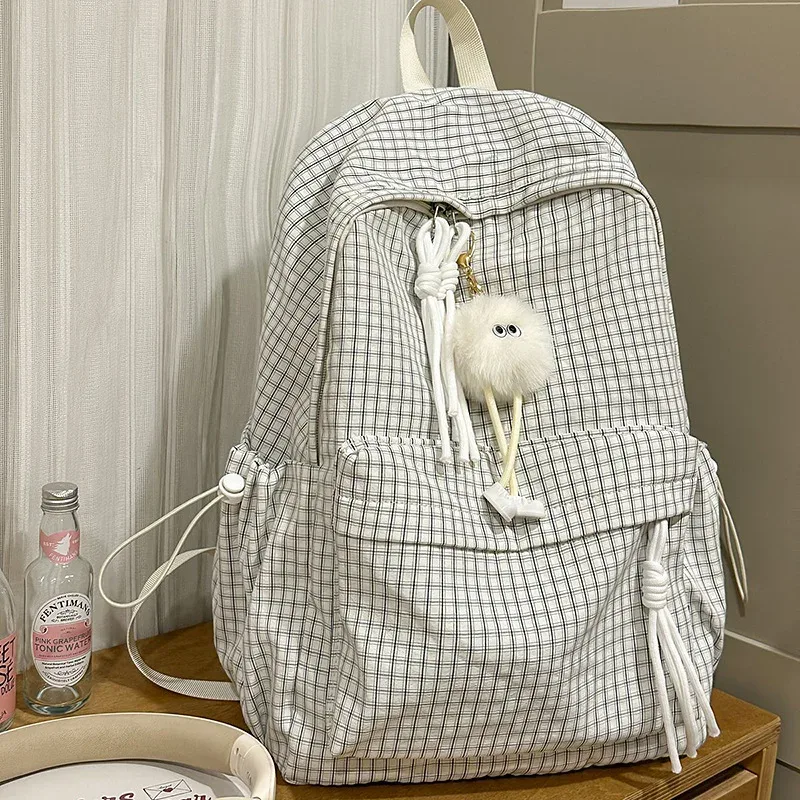 sac à dos pour femme style campus, motif écossais simple, grande capacité, décontracté, pour voyage, sac à double bandoulière en nylon, style frais et doux