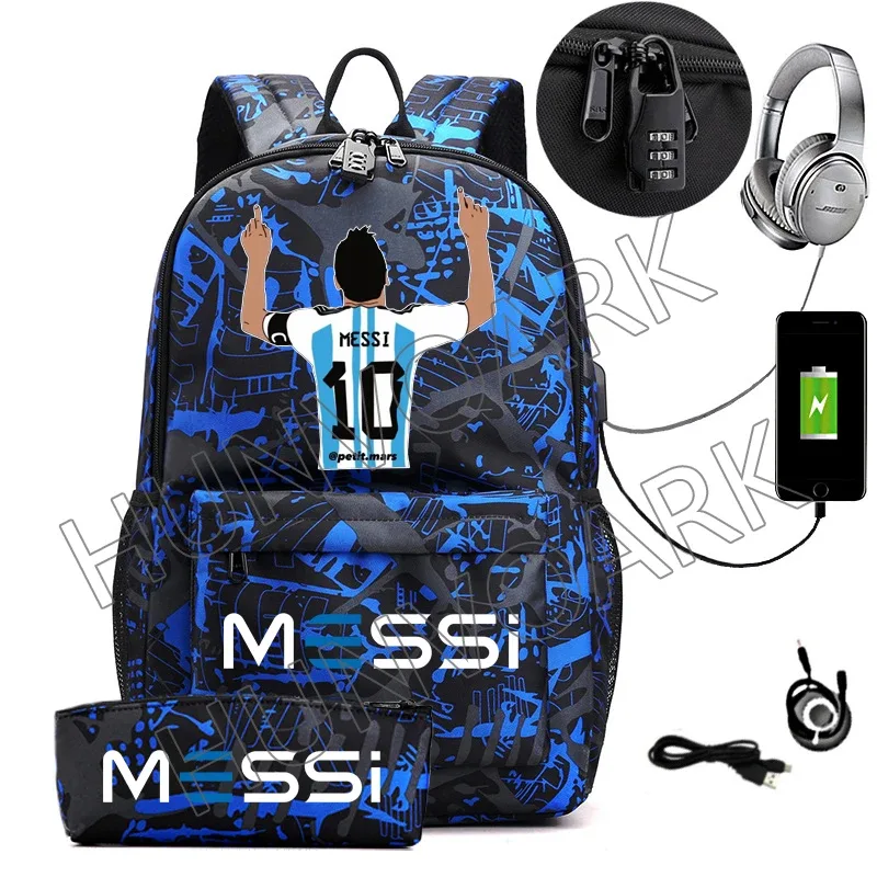 2 pièces messi sac à dos an-ti lock usb femmes hommes capacité adolescents sacs d'école pour ordinateur portable décontracté lycéens mochilas