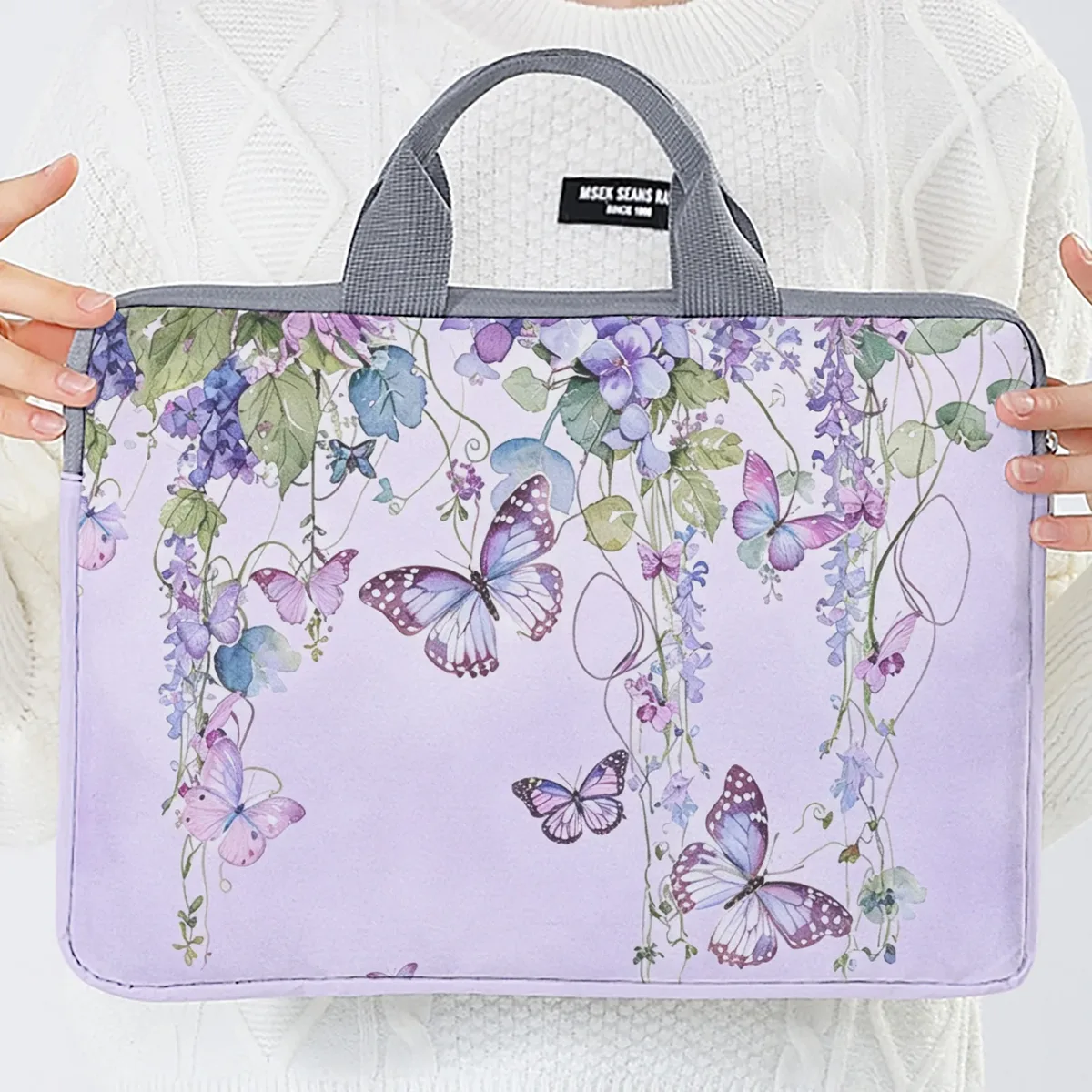 ensemble unique, deux styles, sacoche pour ordinateur portable et porte-documents motif papillon violet, convient aux ordinateurs portables de 14 pouces.