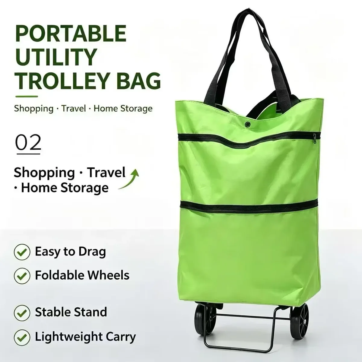 chariot de courses léger et portable, pliable, avec sac à bandoulière et roues, chariot à pousser à la main pour usage domestique