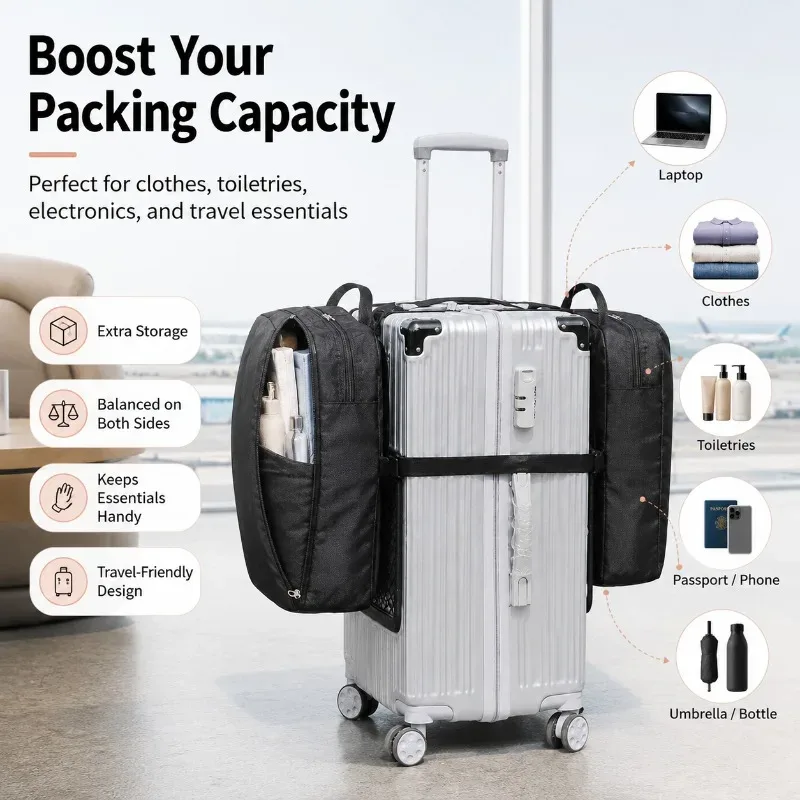 sac d'expansion double face pour bagages, pochette de rangement de voyage détachable pour valise, organisateur de sac pliable