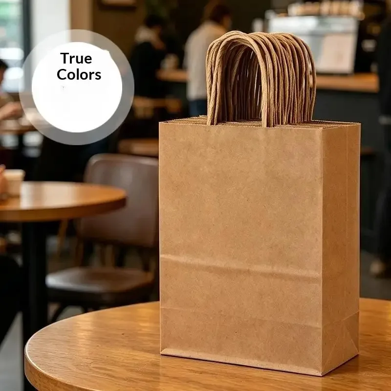sacs cadeaux en papier kraft avec poignée torsadée, sacs fourre-tout épais et réutilisables pour le commerce de détail, à emporter, pour boulangerie, fête, emballage cadeau, 50 pièces