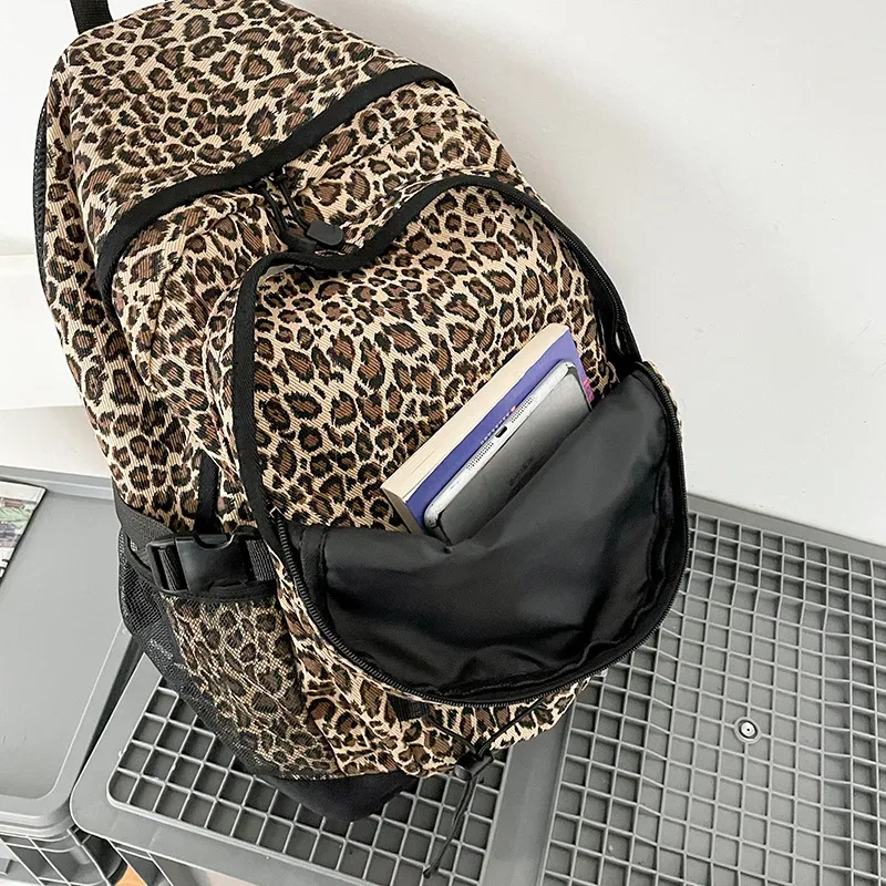 sac à dos vintage à imprimé léopard, grande capacité, sac d'école avec poche latérale en maille, pour étudiants, voyages, streetwear