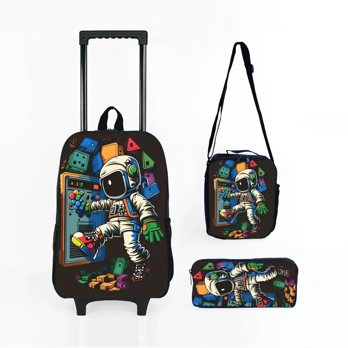 ensemble de sacs à roulettes à imprimé spatial d'astronaute avec boîte à lunch, trousse à crayons, sac à roulettes pour l'école, sac à dos pour fille/garçon