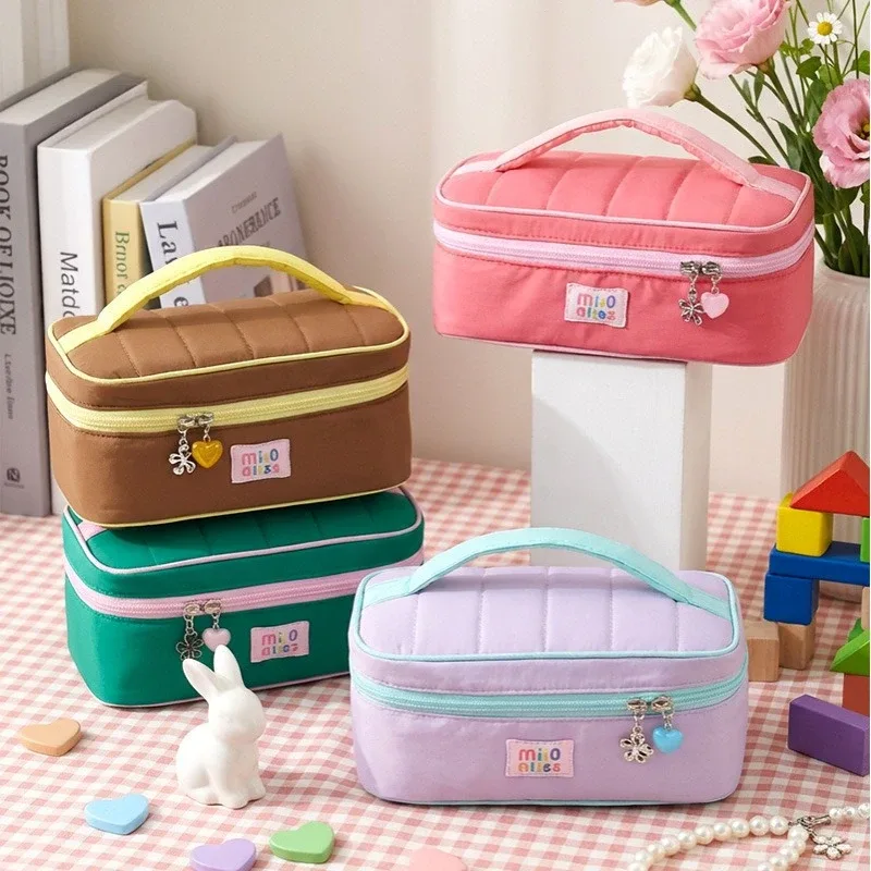 Sac de rangement portable pour cosmétiques et maquillage, style coréen Ins, mignon, bicolore, grande capacité, pour produits de soin et articles de toilette