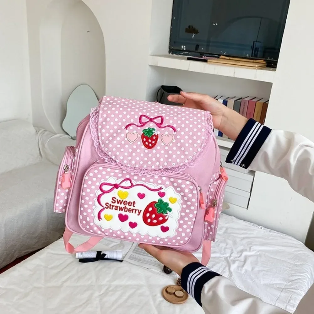sac à dos décontracté pour fille, motif fraise de dessin animé, broderie nœud, grande capacité, pour étudiante