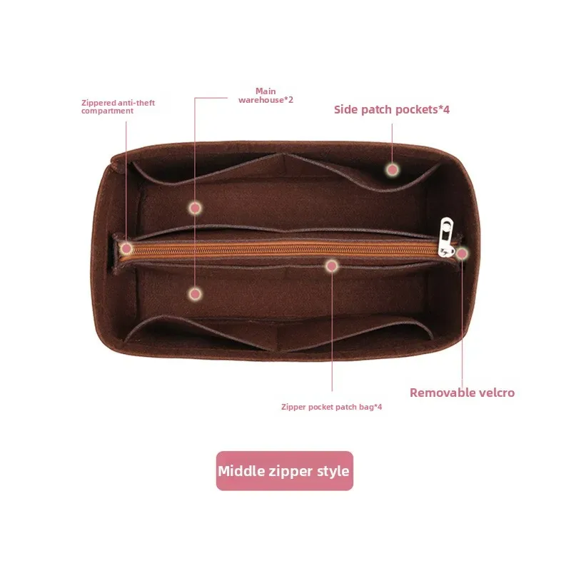 organisateur de sac à main en feutre marron avec poche zippée, doublure multi-compartiments pour sac fourre-tout, pour le travail, les voyages, le rangement (sac non inclus)