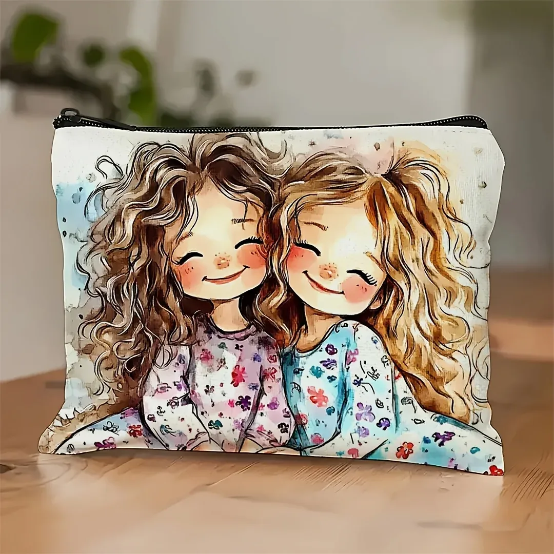 1 trousse de maquillage mignonne pour filles – Pochette cosmétique en lin portable | Conception de dessins animés vibrants, voyages, vacances, affaires