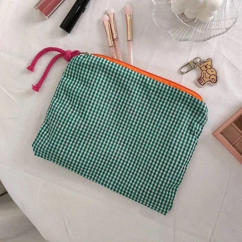 nouvelle trousse de maquillage à carreaux pour femme, grande capacité, en coton, avec fermeture éclair, pochette de voyage, sac cosmétique, nécessaire féminin