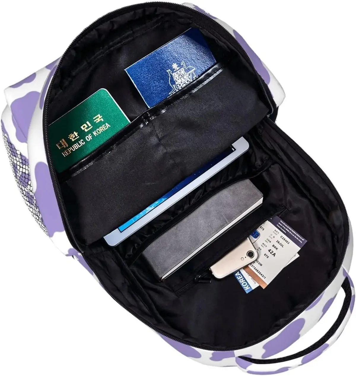 sac à dos imprimé vache violette, sacs pour ordinateur portable de grande capacité, sac de voyage de travail, accessoires college vache violette