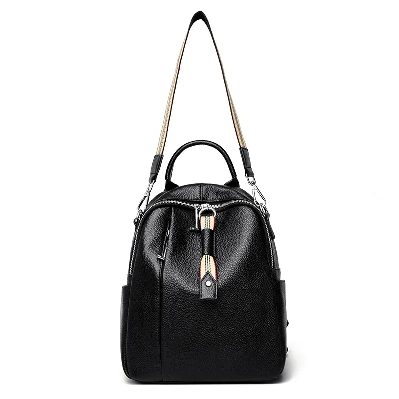 sac à dos tendance en cuir de vachette première couche, sac pour femme en cuir véritable noir style multi-portage, sac à dos décontracté multi-compartiments pour trajets quotidiens