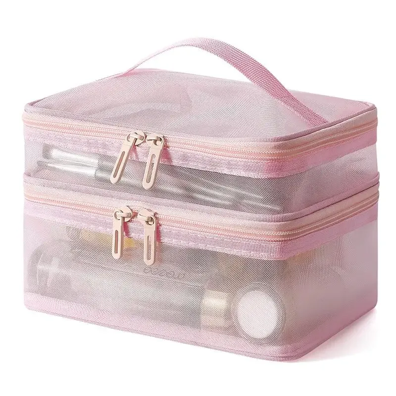 sac de voyage transparent en maille pour maquillage | organisateur de cosmétiques à grande capacité à une seule couche | pochette de rangement respirante pour produits de soin et articles de toilette