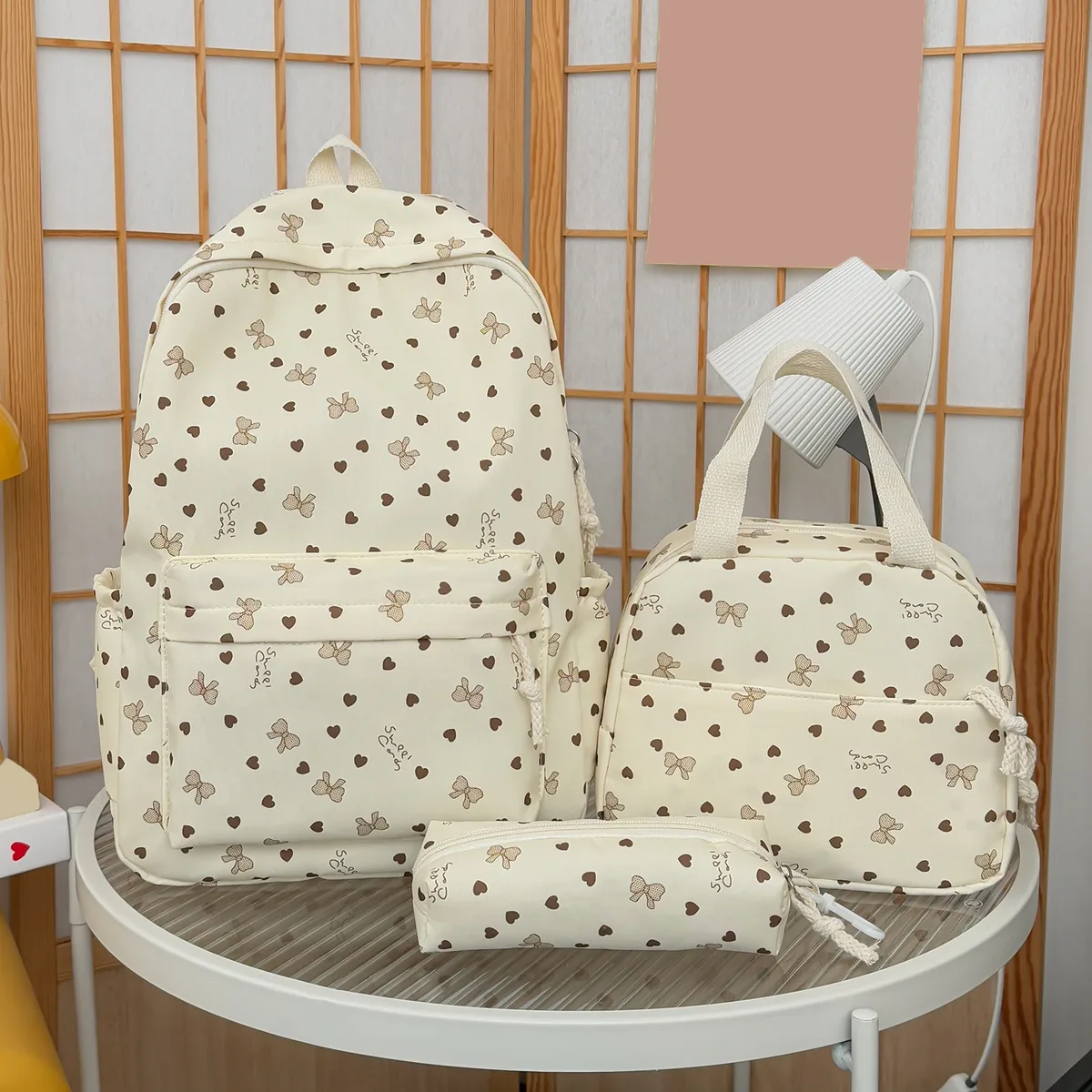 ensemble de sac à dos coquette bow love print kawaii avec boîte à lunch et trousse à crayons, sac à dos de voyage, sac d'école pour adolescentes, filles, étudiantes
