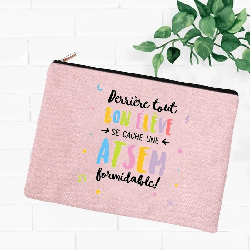 merci atsem – trousse de maquillage imprimée française, grande trousse à crayons, fournitures de papeterie scolaire, sac de rangement, pochette de lavage de voyage, cadeaux pour atsem
