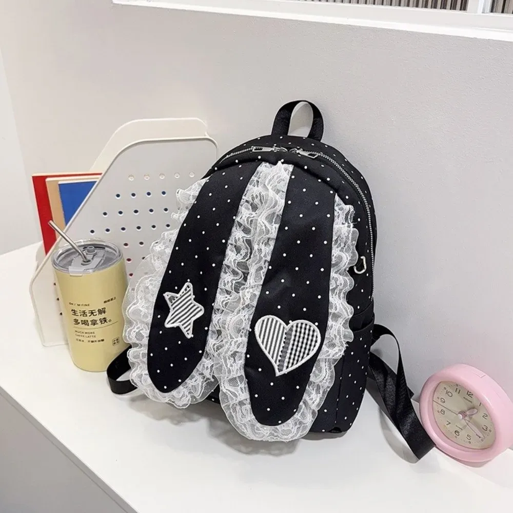 sac à dos décontracté à oreilles de lapin style coréen, motif cœur, grande capacité, en nylon à pois, pour l'école et l'extérieur