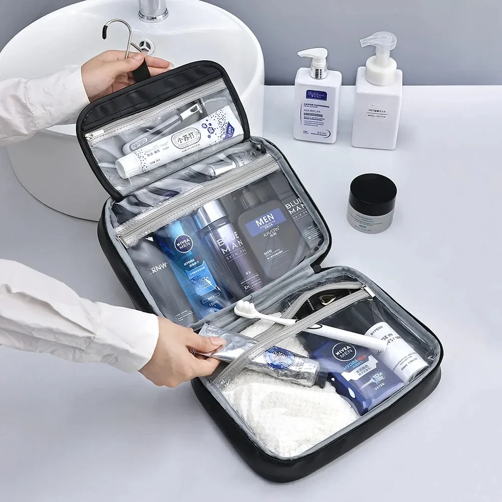 sac de rangement portable en cuir pu pour hommes et femmes, sac de rangement d'affaires à fermeture éclair, organisateur de produits de toilette, sac à cosmétiques de voyage, pochette de lavage étanche suspendue