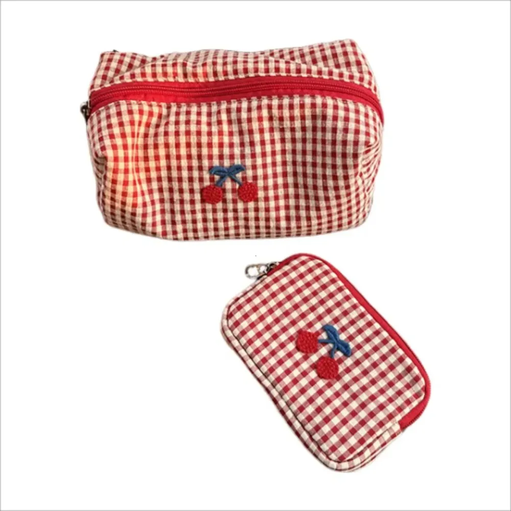 pochette de maquillage simple en coton à carreaux, sac de rangement multifonctionnel en tissu pour articles de toilette, porte-cartes, grande capacité, pochette cosmétique cerise unisexe