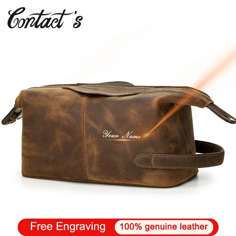 Contact's Crazy Horse – trousse à cosmétiques en cuir pour hommes, trousse de toilette, pochette de maquillage pour hommes, rangement de lavage de voyage Vintage, grande capacité