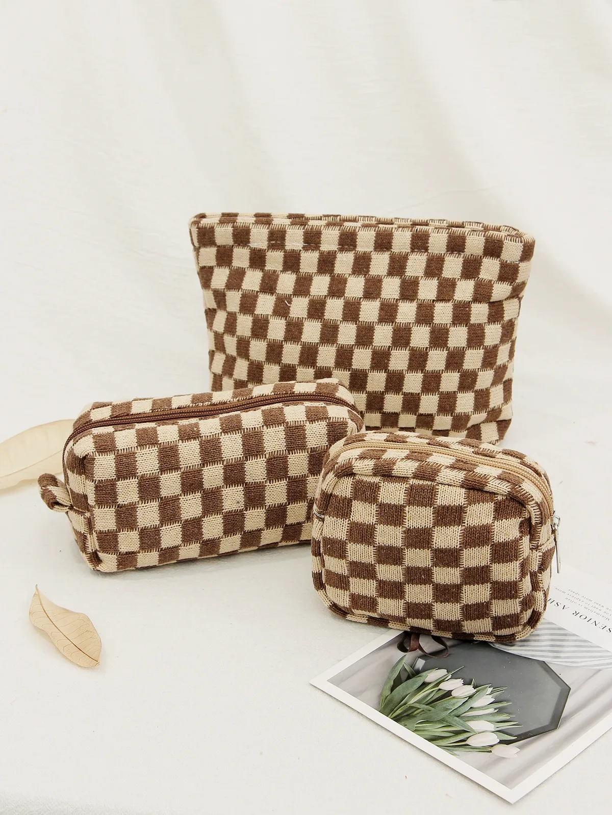sac à cosmétiques en damier, sac de rangement de toilette tricoté, pochette de maquillage colorée, organisateur, sac à cosmétiques à motif à carreaux