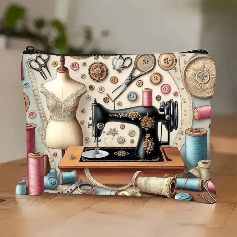 sac à cosmétiques vintage pour machine à coudre et tissu imprimé, pochette de rangement de maquillage à fermeture éclair, étui de voyage léger et pliable, sac de rangement