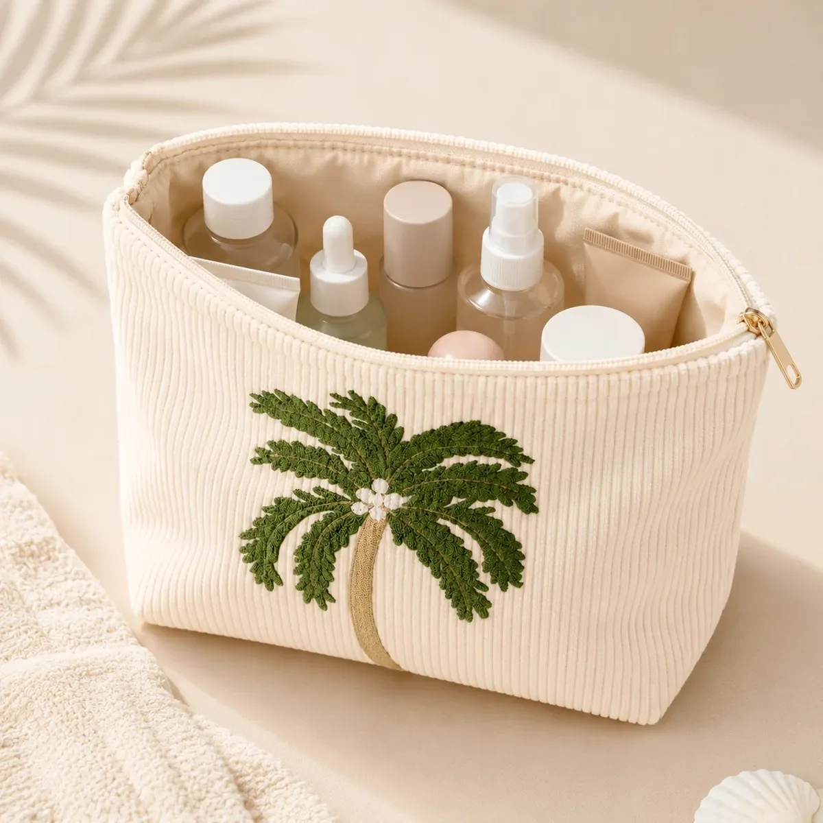 pochette de maquillage en velours côtelé brodée de palmiers tropicaux, trousse de toilette souple à fermeture éclair pour femme, organiseur de voyage pour vacances à la plage