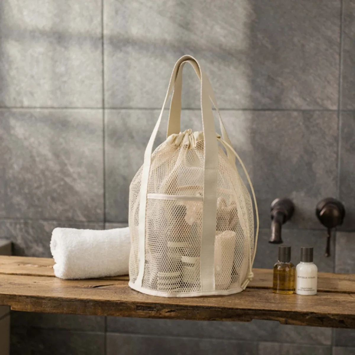 trousse de toilette de voyage beige, sac à main pliable ultra-léger en maille ajourée, poche à cordon, sac de plage, trousse de toilette, 1 pièce