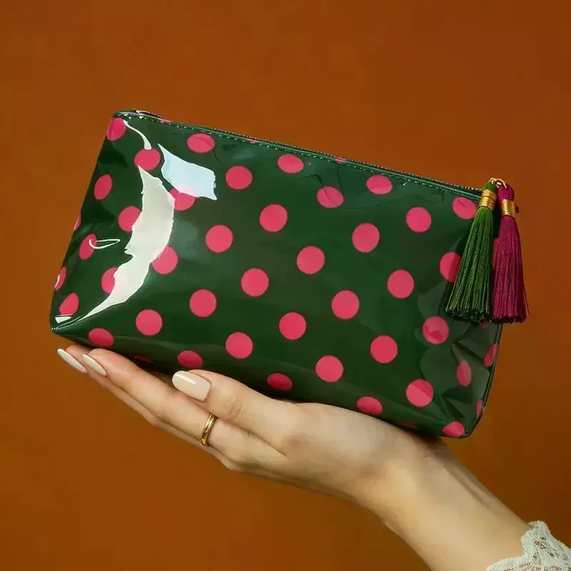 Sac à cosmétiques rétro à pois en PVC, sac de maquillage avec franges et fermeture éclair, trousse de toilette de voyage étanche, étui pour pinceaux de maquillage