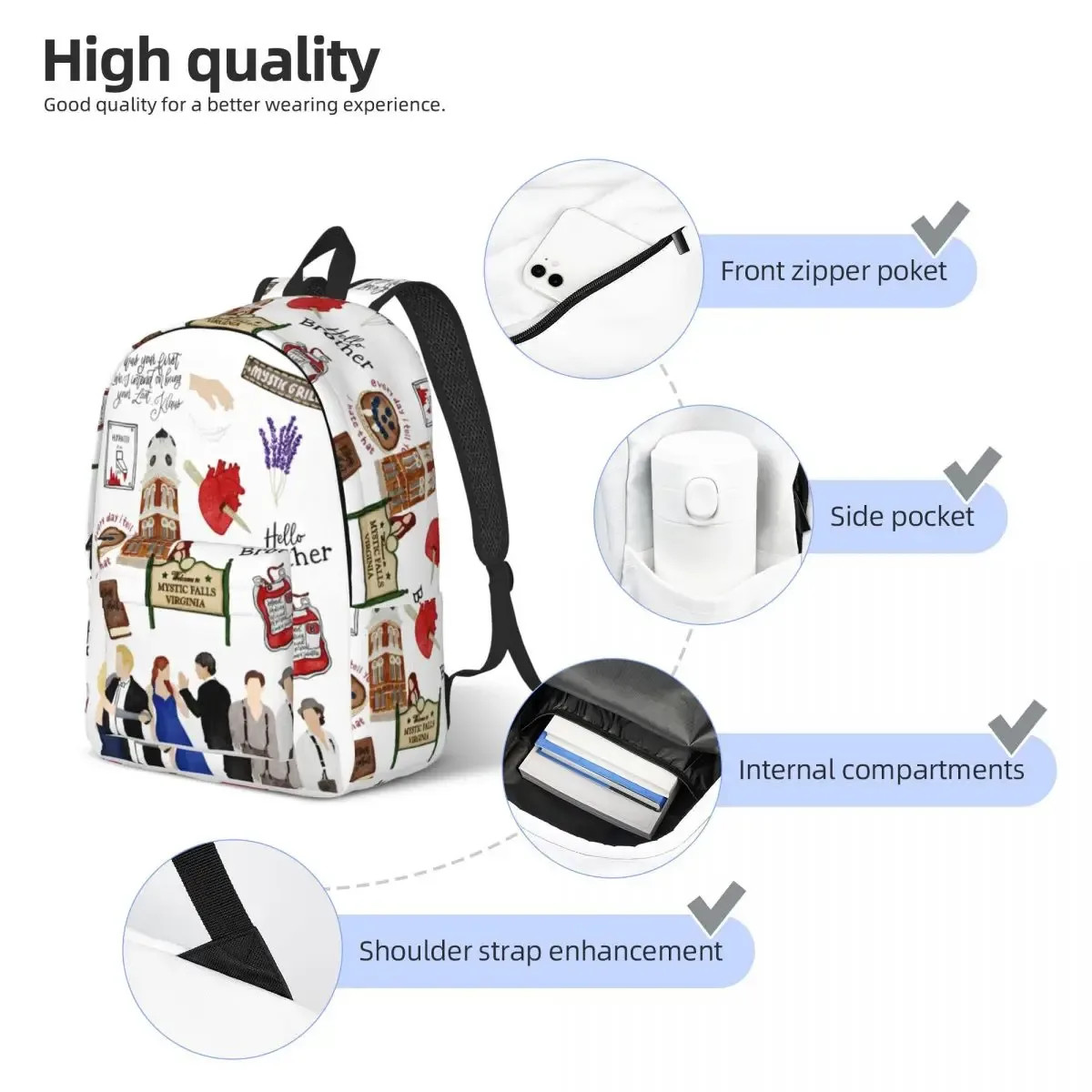 the vampire diaries sac à dos de dessin animé pour hommes femmes adolescents lycée affaires sac à dos série tv sacs en toile pour ordinateur portable avec poche