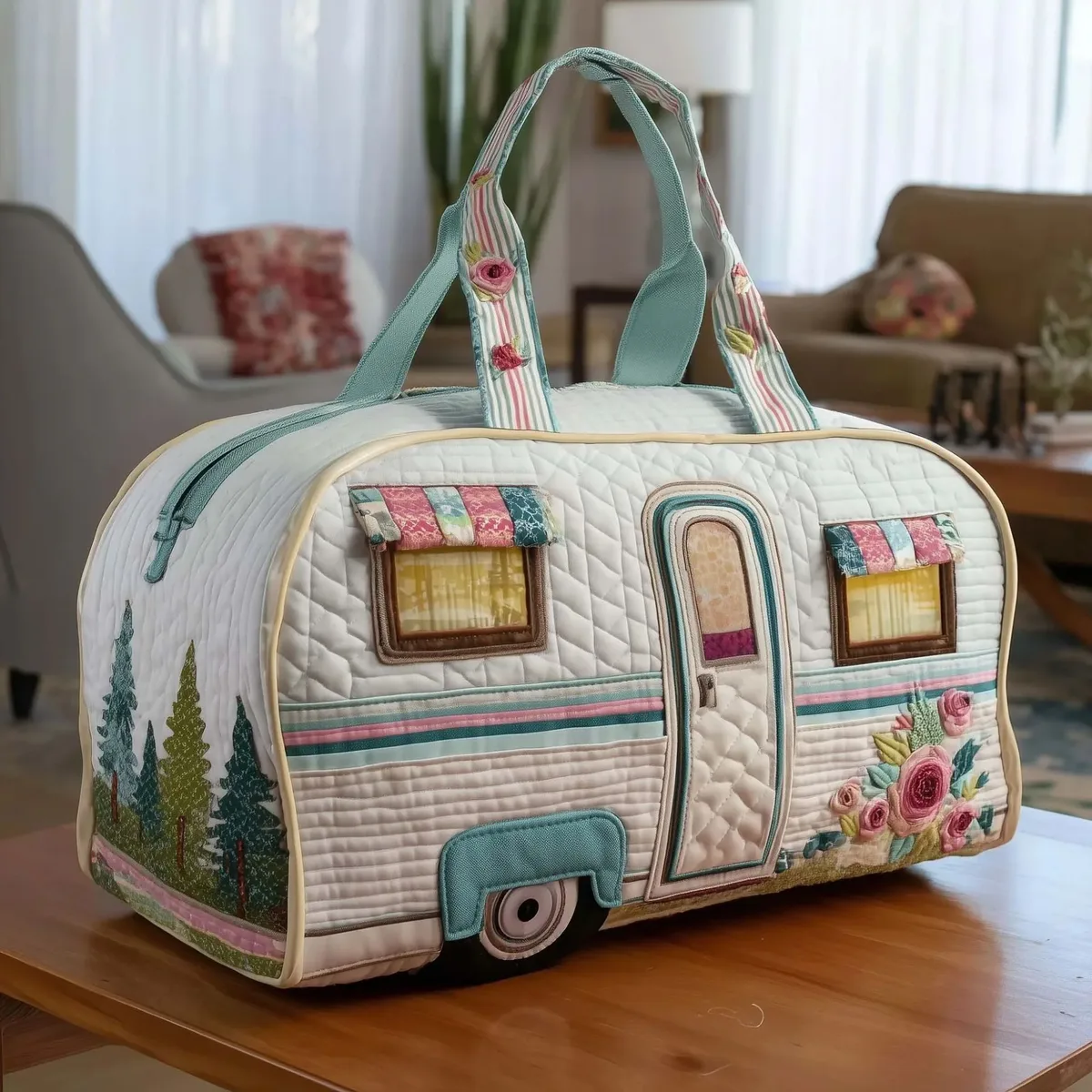 sac de voyage matelassé à bretelles réglables, en forme de voiture de camping, grande capacité, imprimé, pour la gym, le camping, la plage et les activités de plein air