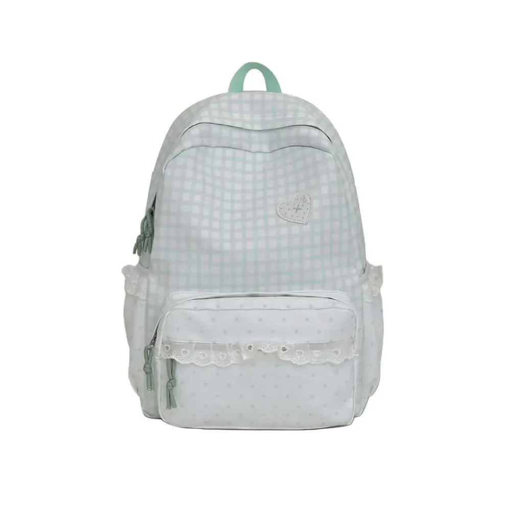 sac à dos en tissu vichy de style coréen, couleurs pastel, design à volants, sac d'école en dentelle, bretelles réglables, sac à dos à pois et à carreaux pour les voyages quotidiens.