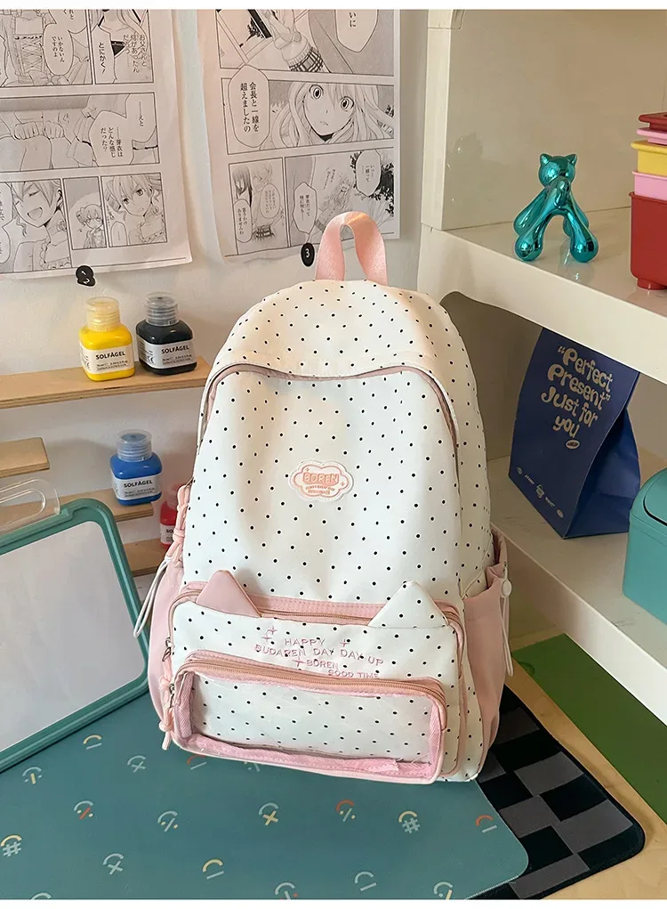 sac à dos mignon à pois avec oreilles de chat, style preppy, en nylon léger, pour filles du collège et du lycée, sac ita décontracté