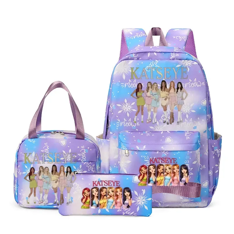 sacs à dos katseye à imprimé amusant, ensemble de 3 pièces, sacs d'école en nylon pour ordinateur portable pour femmes, pour adolescentes, garçons, étudiants, enfants, kawaii