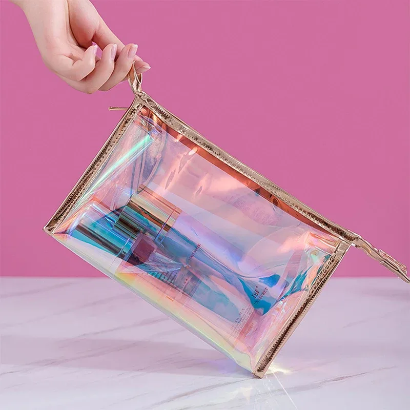 trousse de maquillage transparente en tpu pour femme, trousse cosmétique holographique colorée, trousse de maquillage transparente, trousse de voyage, évaluateurs de beauté, 1 pc