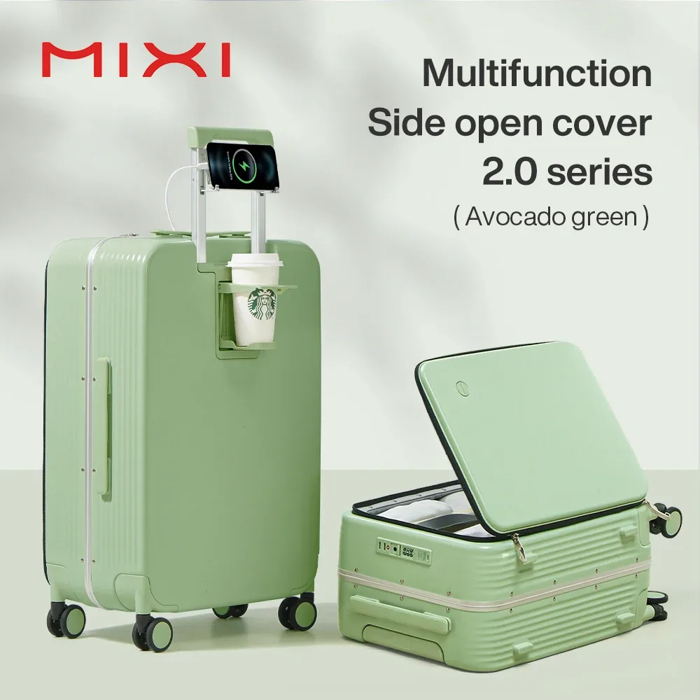 mixi nouvelle valise à cadre en aluminium bagage à roulettes avec port usb tasse de cabine d'embarquement et support pour téléphone 20 24 pouces