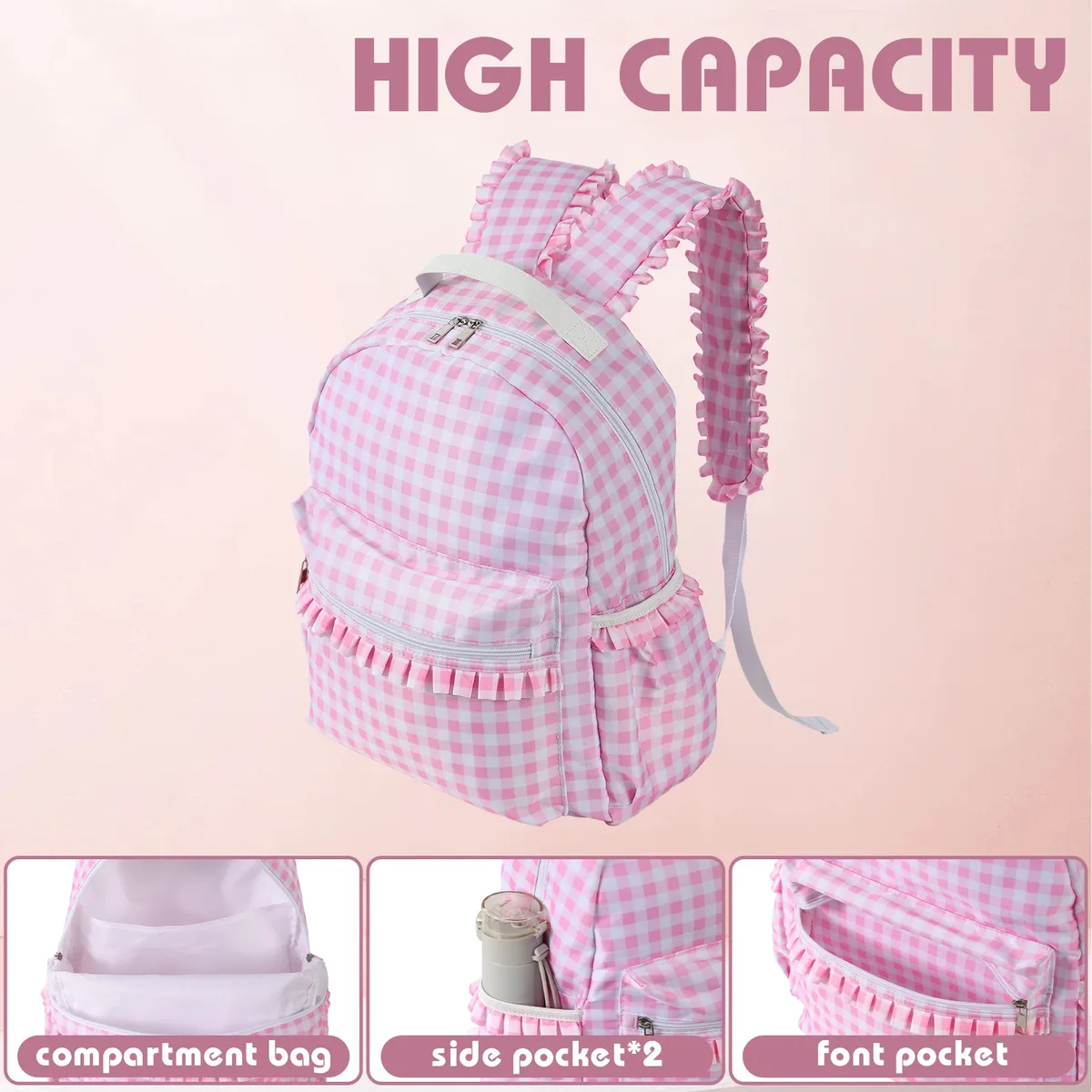 sacs à dos scolaires pour filles, grande capacité, à volants, à carreaux, cadeaux pour adolescentes, étudiantes du collège et du lycée, voyage