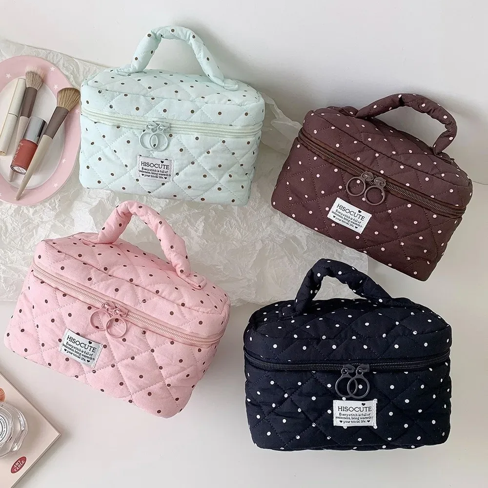sac de maquillage matelassé à motif à pois kawaii avec poignée, grande capacité, organisateur de toilette de voyage, sac de rangement polyvalent pour femmes
