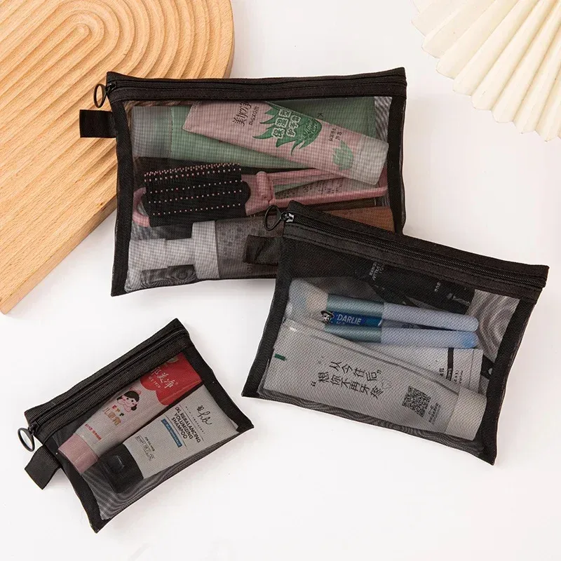 sacs cosmétiques transparents en maille pour femmes, trousse de maquillage noire, trousse de toilette portable, organiseur de voyage, pochette de rangement pour rouge à lèvres, cadeau