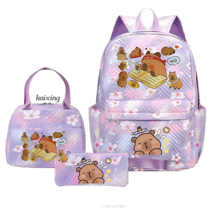 sacs à dos kawaii imprimés capybara, ensemble sac d'école, sac à déjeuner, trousse à crayons, cadeau de rentrée scolaire pour fille, sacs de loisirs, mochila, sacs de voyage pour adolescents
