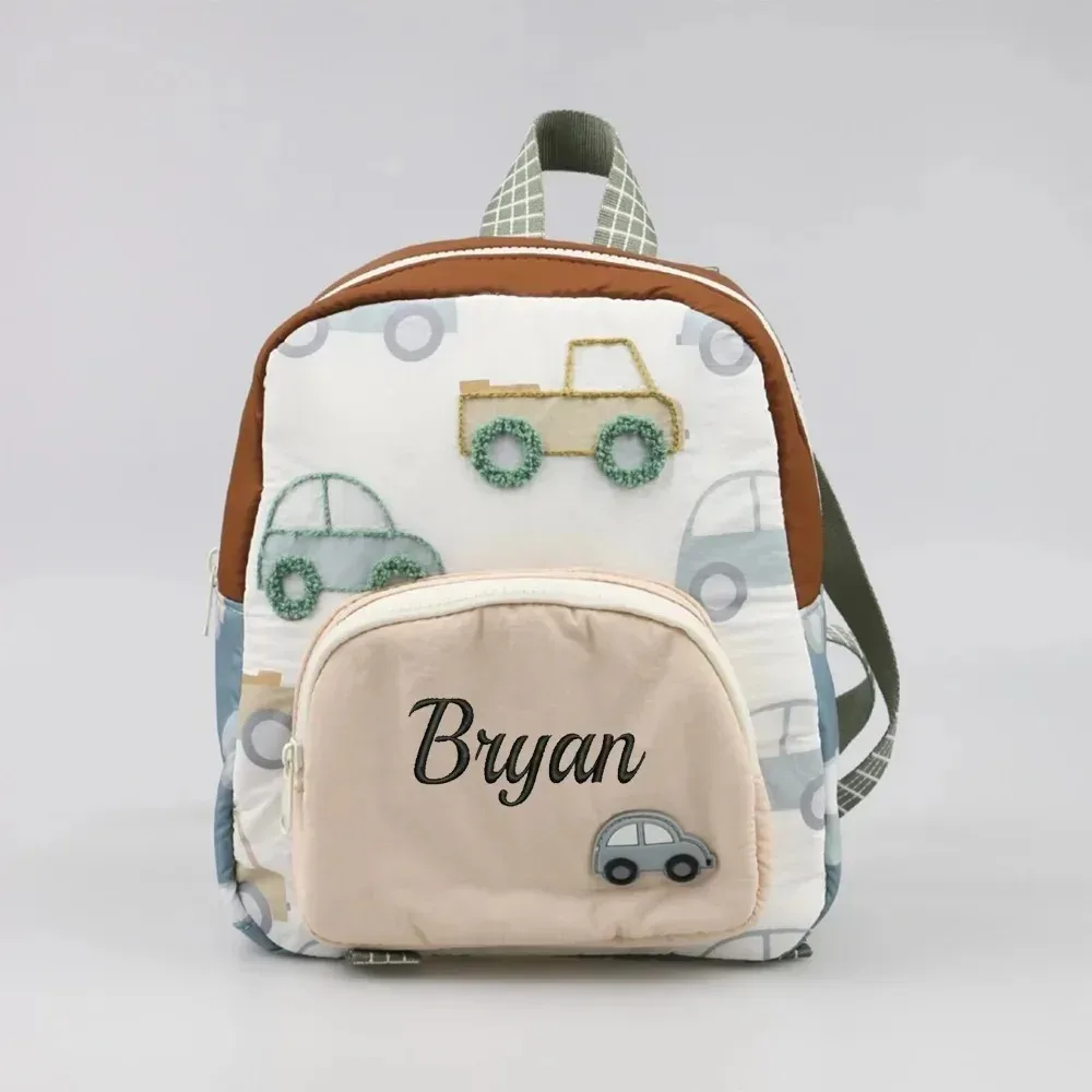 sac à dos personnalisé pour enfants avec broderie de voiture-sac à couches pour tout-petits avec nom personnalisé, sac de marche pour garçons et filles, voyage scolaire mignon
