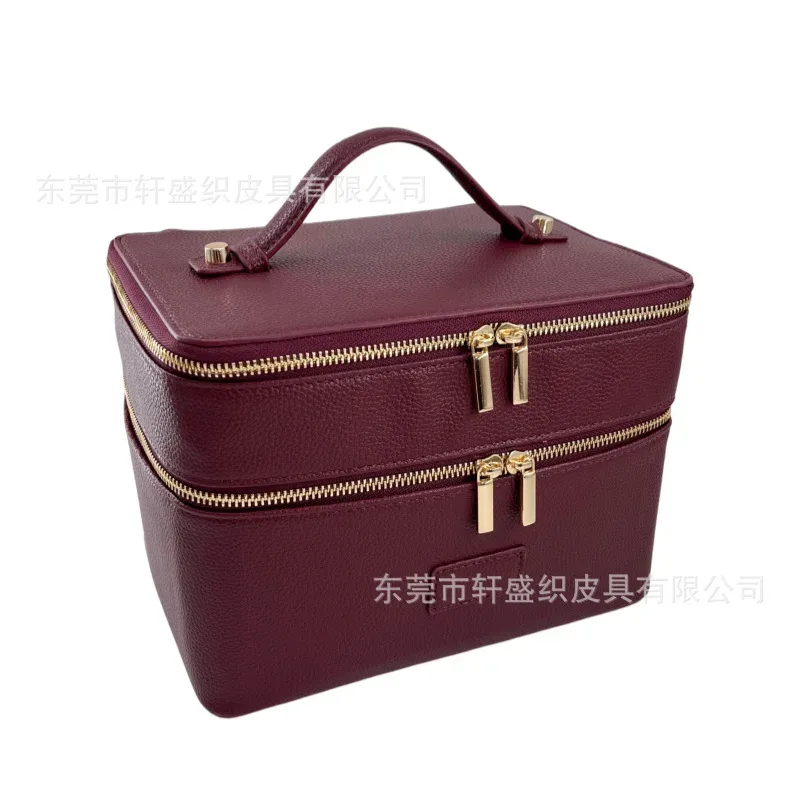 sac à main en cuir, style trousse de toilette, imperméable, grande capacité, sac de voyage pratique, sac de rangement pour maquillage, double couche, voyage décontracté