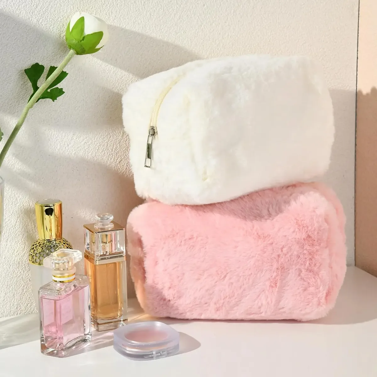 trousse de maquillage, trousse à cosmétiques mignonne en peluche rose blanc, pochette de maquillage, trousse de toilette de voyage, organisateur, sac de rangement gonflé pour femmes