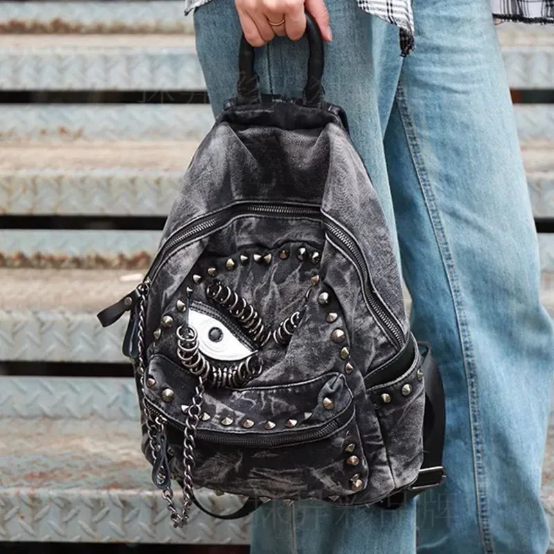sac à dos en denim steampunk pour femmes, nouvelle mode, grande capacité, chaîne à rivets, sac à bandoulière, sac en toile de grande capacité