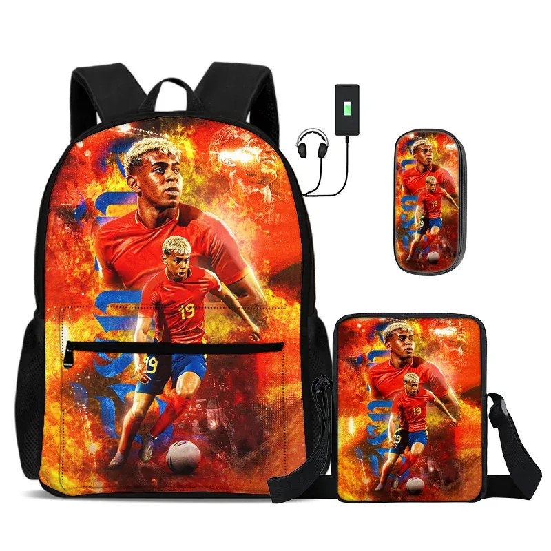 ensemble de 3 sacs à dos scolaires pour enfants avec sac à bandoulière et trousse à crayons, sac à dos l-lamin yamal avec interface usb