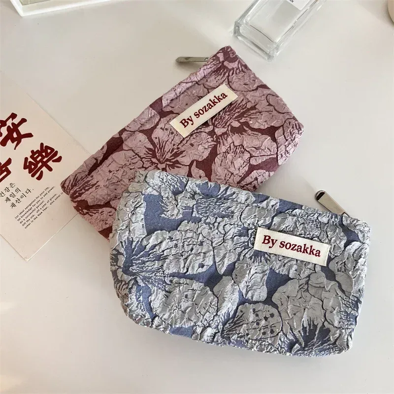 trousse de maquillage imprimée de fleurs 3d pour femmes, petit sac cosmétique, pinceaux de maquillage, rouge à lèvres, trousse de rangement mignonne, style coréen