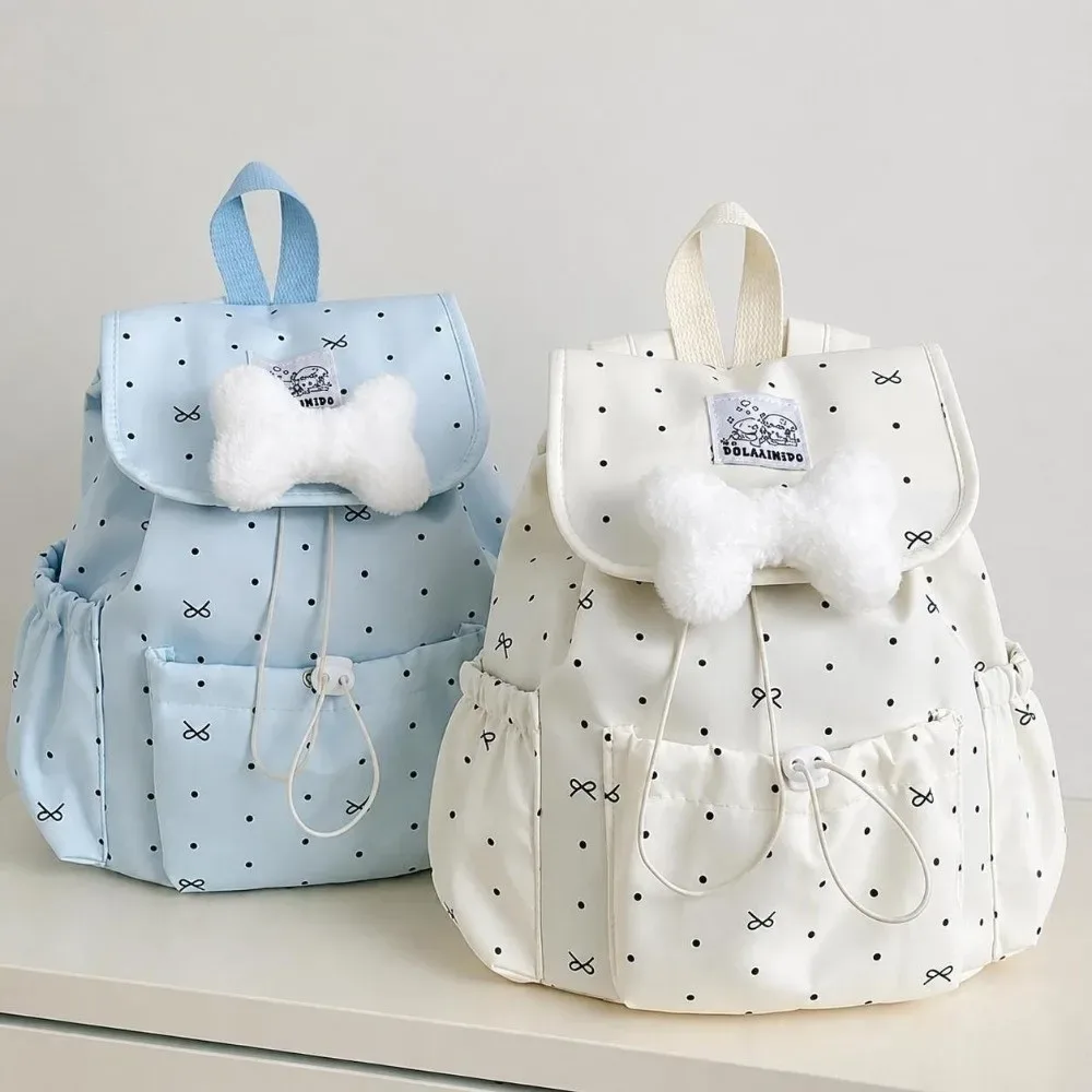 sac à dos à pois avec cordon de serrage et nœud, grande capacité, double bandoulière, en nylon ultra léger, idéal pour les trajets quotidiens, pour femmes.