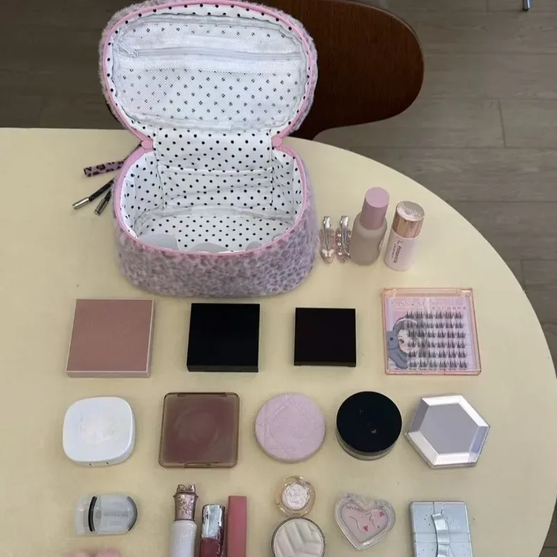 sac à cosmétiques pour femmes, sac de maquillage en peluche léopard mignon kawaii, sac de rangement multifonctionnel à la mode, grande capacité, pochette de rangement multifonctionnelle