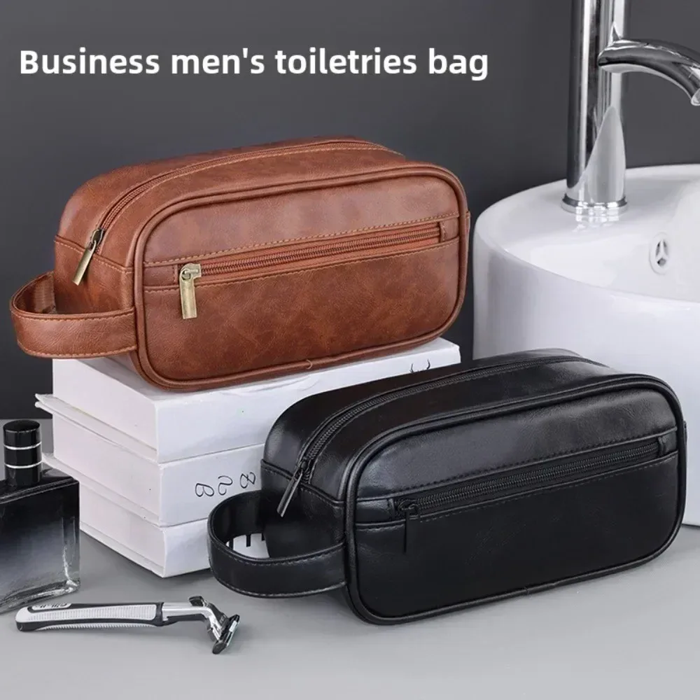 sac de lavage en cuir pour hommes, sac de voyage, voyages d'affaires, sac à cosmétiques portable, grande capacité, conception multi-poches, sac de lavage en cuir