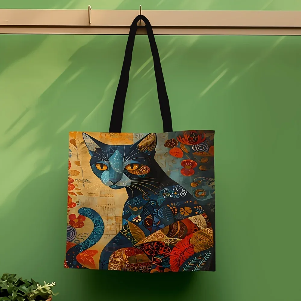 1pc abstrait chat sac fourre-tout mignon peculiar petit animal sac à bandoulière imprimé lin eco sac à main shopping bureau sacs décontractés réutilisables
